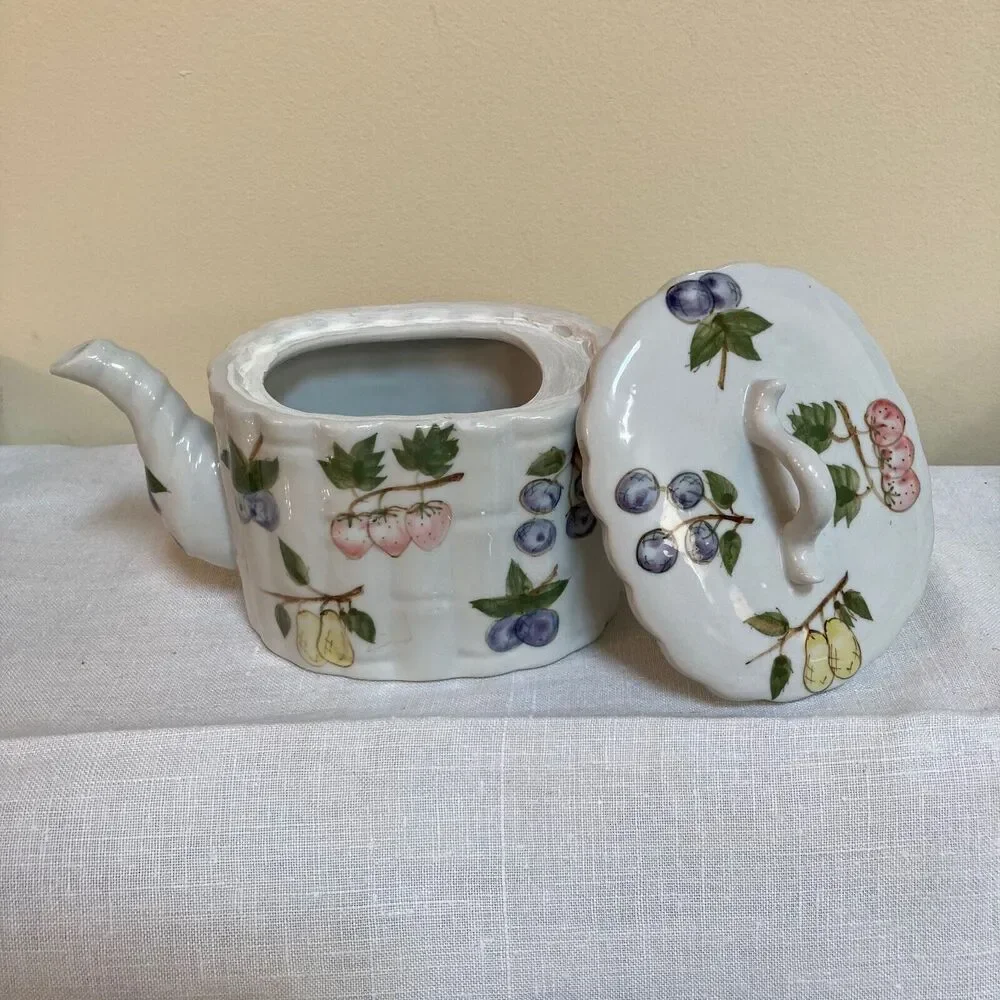 Vintage 90s Tea Pot with Painted Fruit and Berries with Elephant Trunk Spout EUC